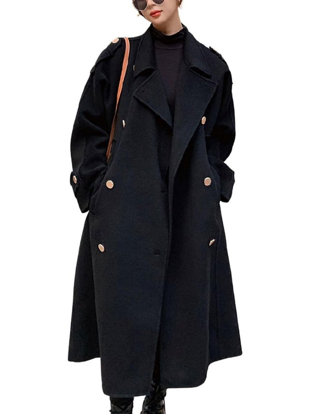 Chic Women's Winter Double Breasted Midi Wool Pea Coat with Notch Lapel